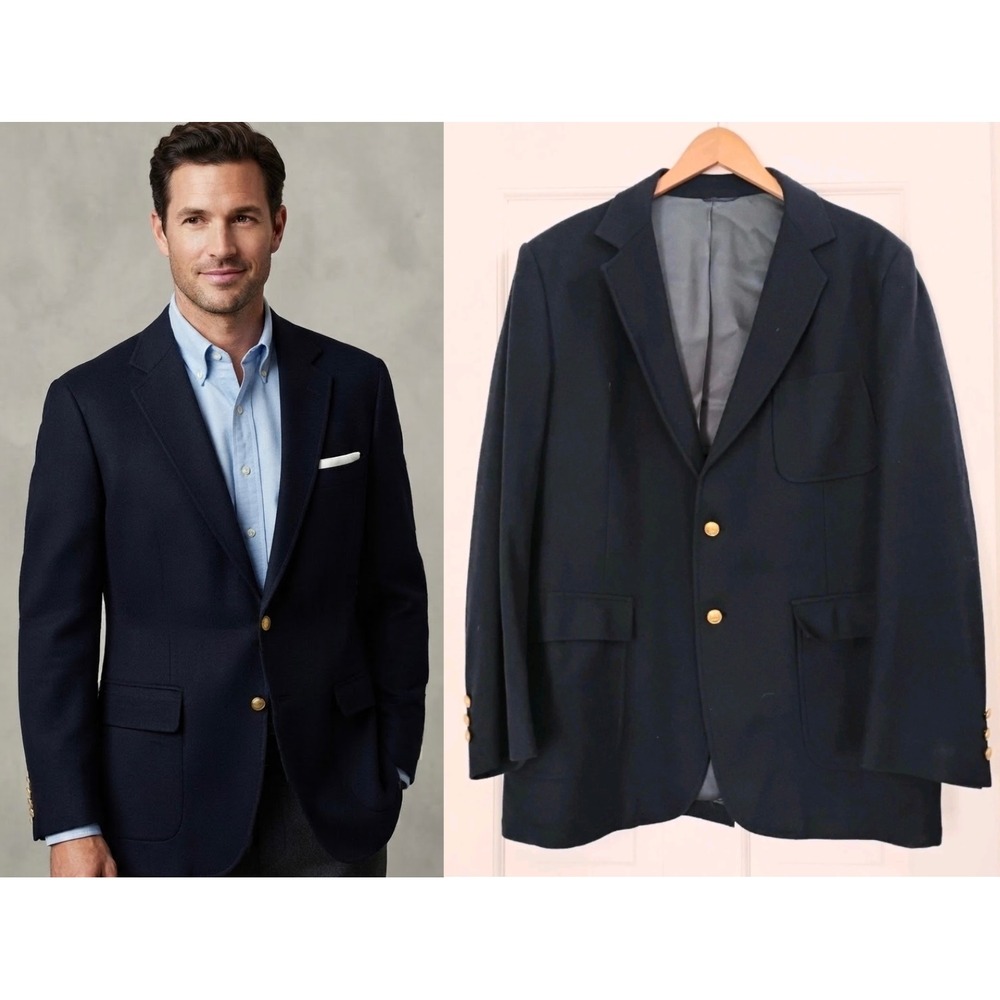 Vintage John Blair Wool Blazer 44L Navy Blue Gold Crest Two Button Sport Coat